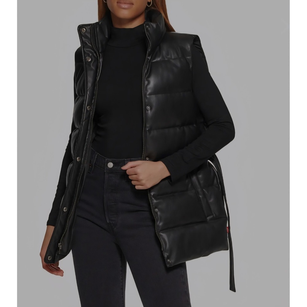 Black Puffer Leather-Look Vest - Women